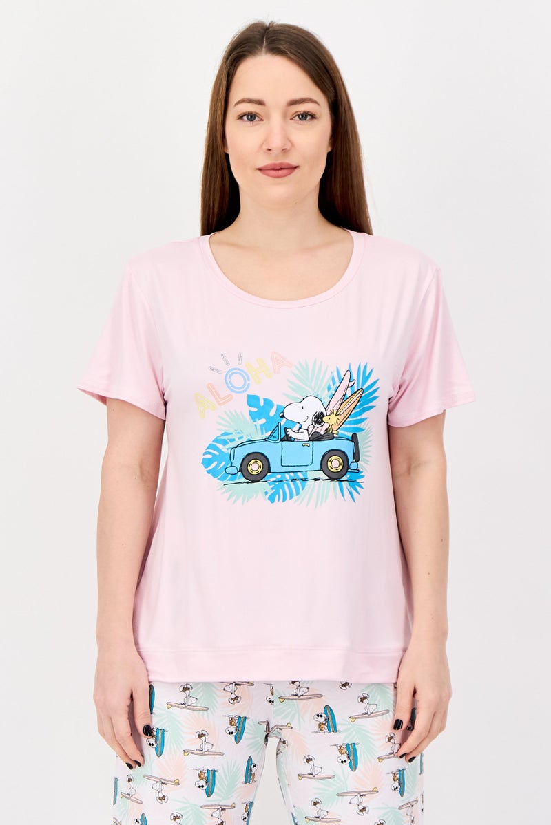 Peanuts Women 2Pcs Snoopy Print Pajama Top And Pants Set, Multicolor - Image 3